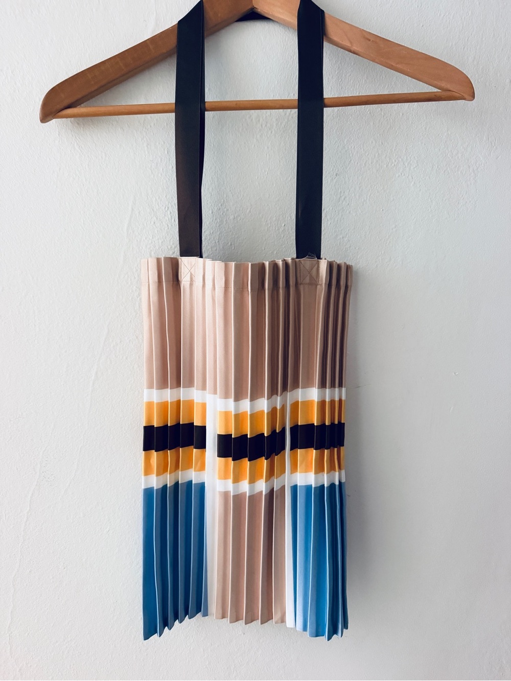 Silk Pleated Multicolor Stripe Pleated Tote Bag with Brown Grosgrain Straps NWO